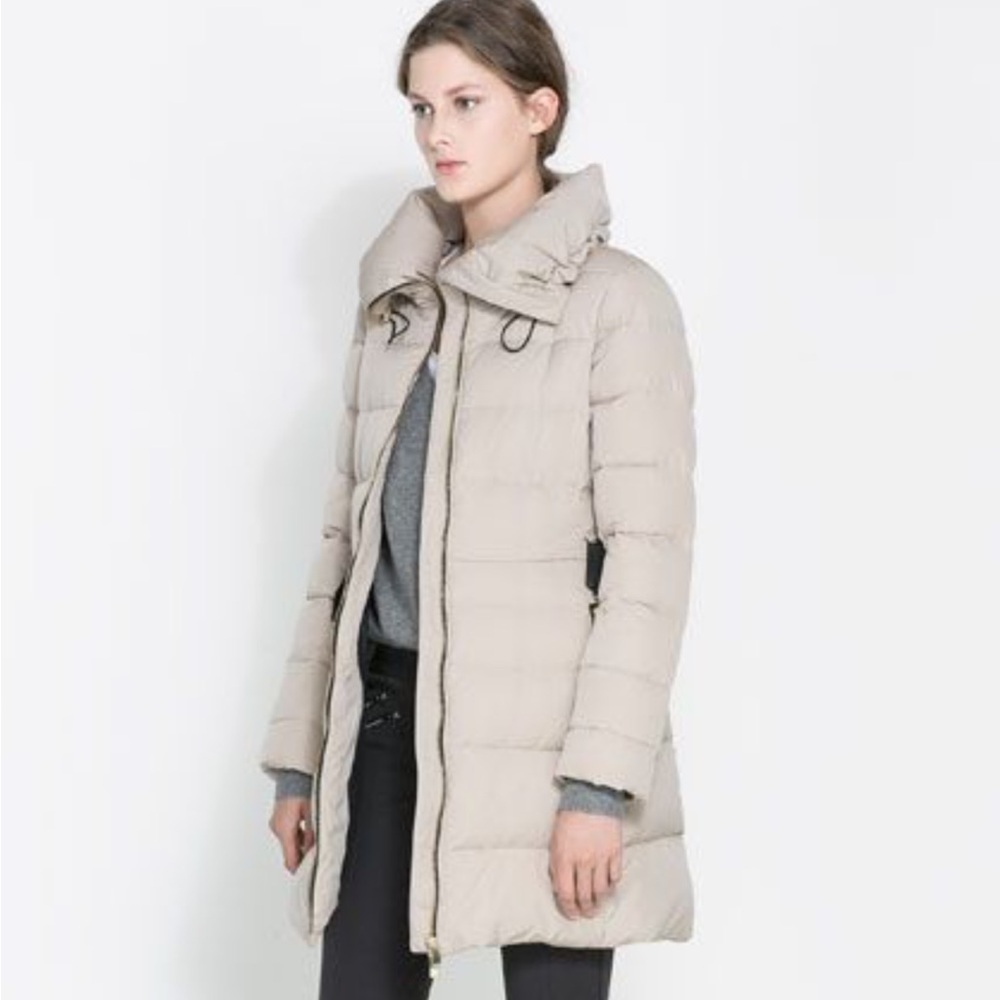 Zara Beige Puffer Coat with Black and Gold Details